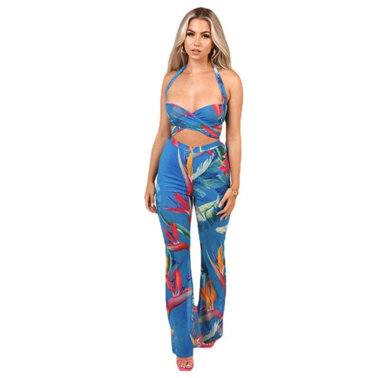 Fashion Printed Sleeveless Vest with Flared High Waist Pants Suit