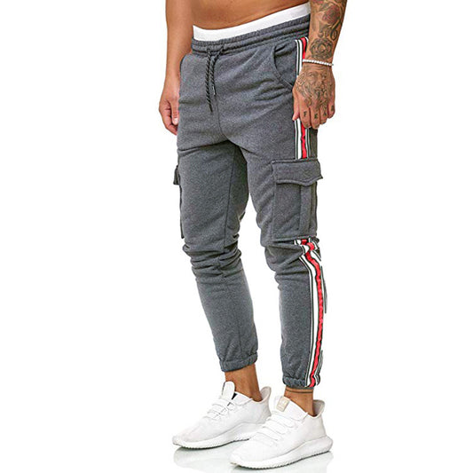 Men's Striped Sports Trousers with Drawstring and Knee Pocket Design