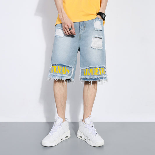 Men's Loose Fit Denim Shorts with Trendy Tooling for a Cool Beach Look