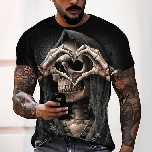 3D Digital Printing Skull Heart Men's Casual Loose Short Sleeve Tshirt