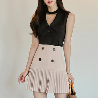 Chic V-neck Sleeveless Top with High Waist Pleated Skirt Set