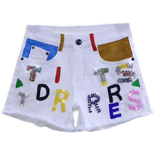 Letters and Diamonds Adorned Stretch Shorts with Raw Edge Detailing