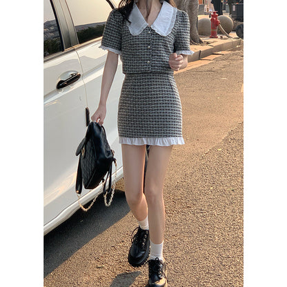 Chic Doll Collar Plaid Shirt and Gas Skirt Set-Trendy Outfit for Women