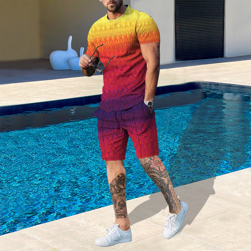 Men's Colorful Striped Digital Printed Shorts Suit