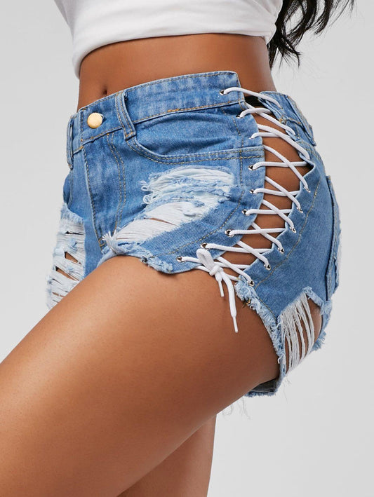 Beggar's Torn Women's Jeans-Hot Pants with Bandage Detail