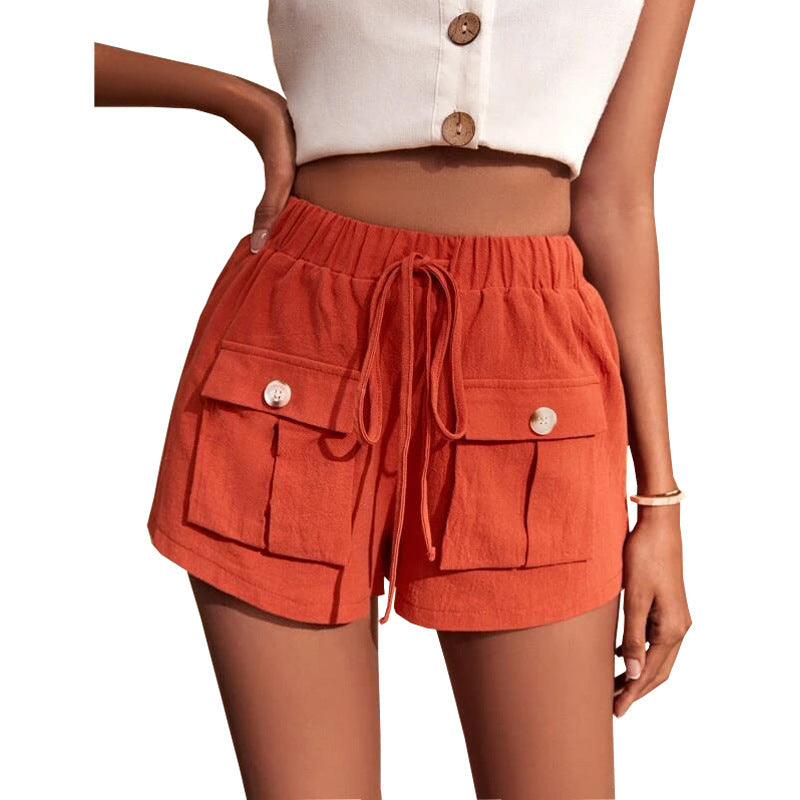 Women's Pocketed Loose Cargo Shorts with Mid Waist and Drawstring