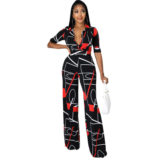 V-Neck Women's Jumpsuit with Fashion Digital Printing-Long and Stylish