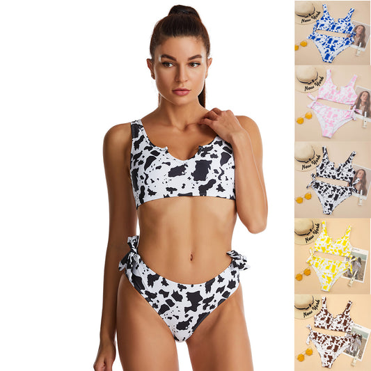 Split Cow Print Bow Bikini Swimsuit for Women