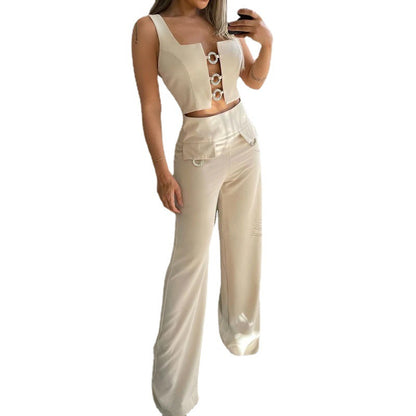 Chic Square Collar Top with Comfy Loose Flared Pants Set