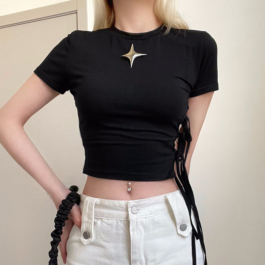 Dark Metal Decorative Short Sleeve T-Shirt with Waist Hollow Design