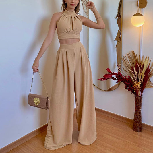 Halter Neckline Top with High Waist Loose Trousers-Chic Elegance