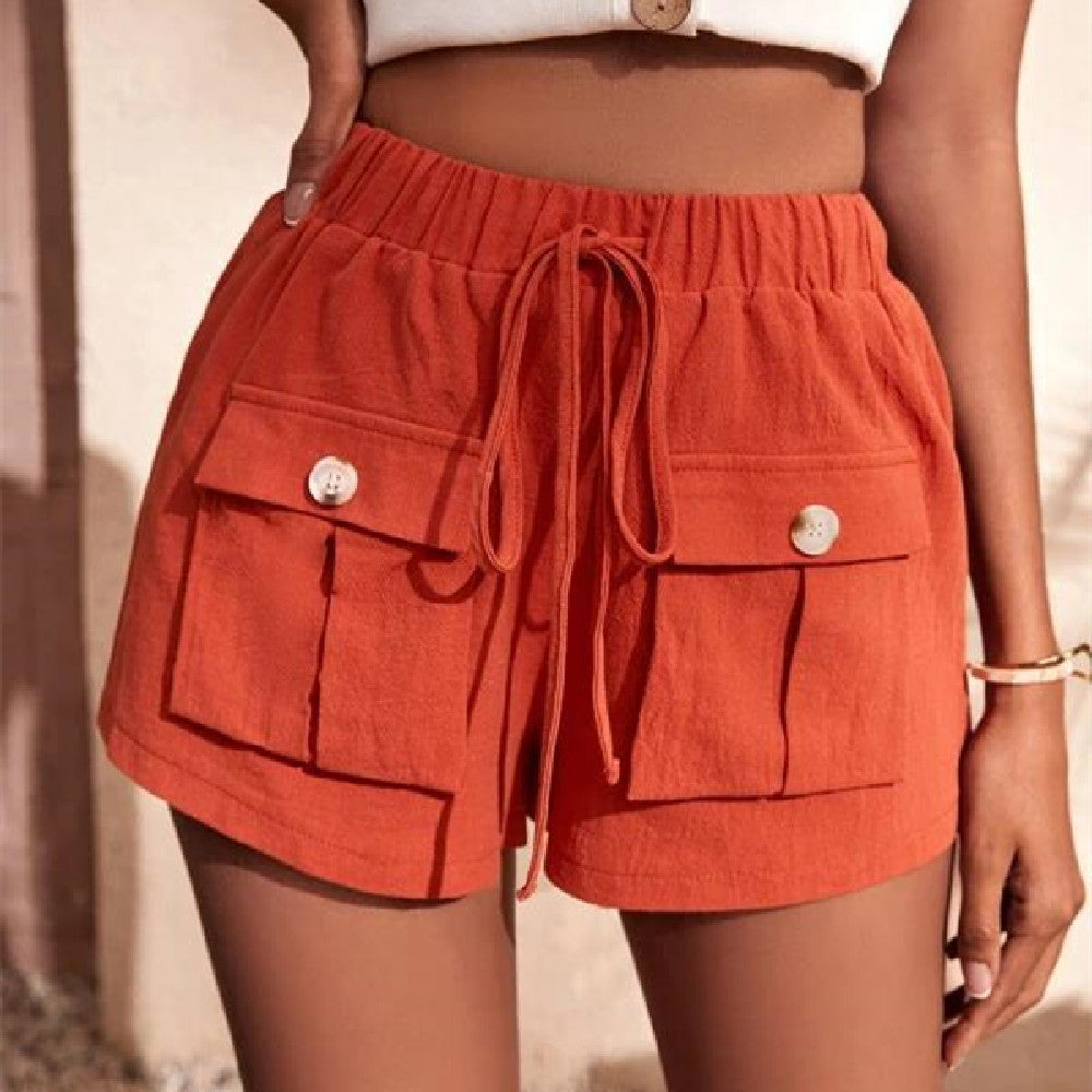 Women's Pocketed Loose Cargo Shorts with Mid Waist and Drawstring