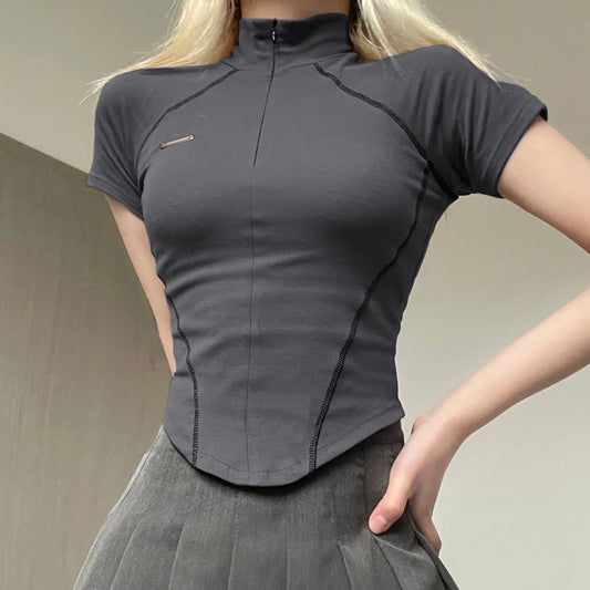 Chic Slimming Stand-up Collar Short Top with Invisible Zipper