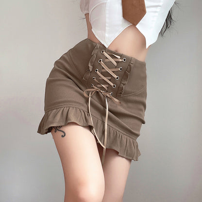 Skinny Panel Lace-Up Brown Ruffle Hip Skirt for a Stylish Twist