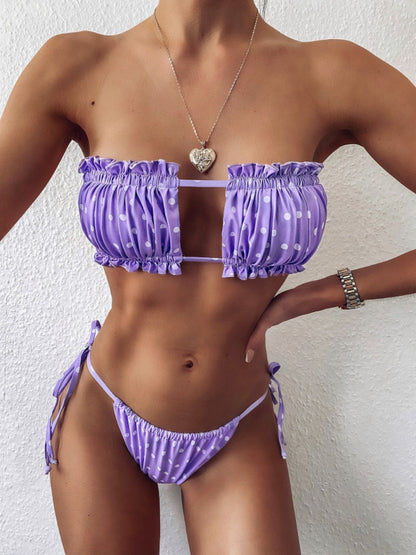 Triangle Pleated Drawstring Color Bikini-A Hollow Swimsuit for Women