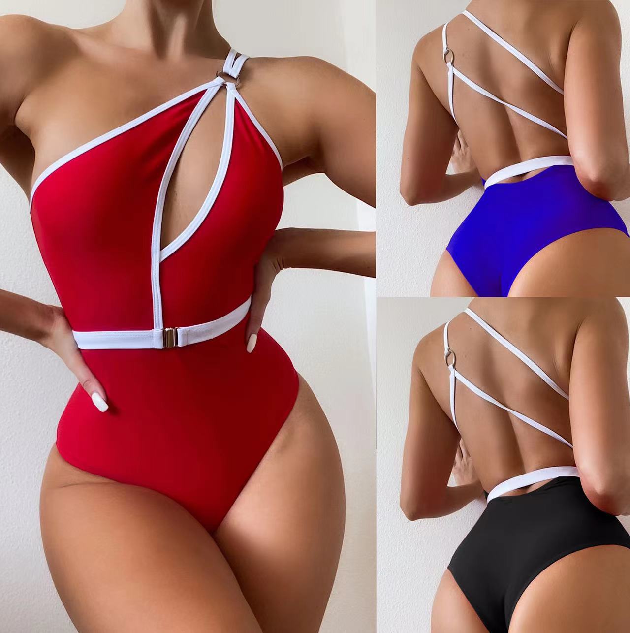 Ladies One Piece Solid Color Swimsuit with Belt Accent