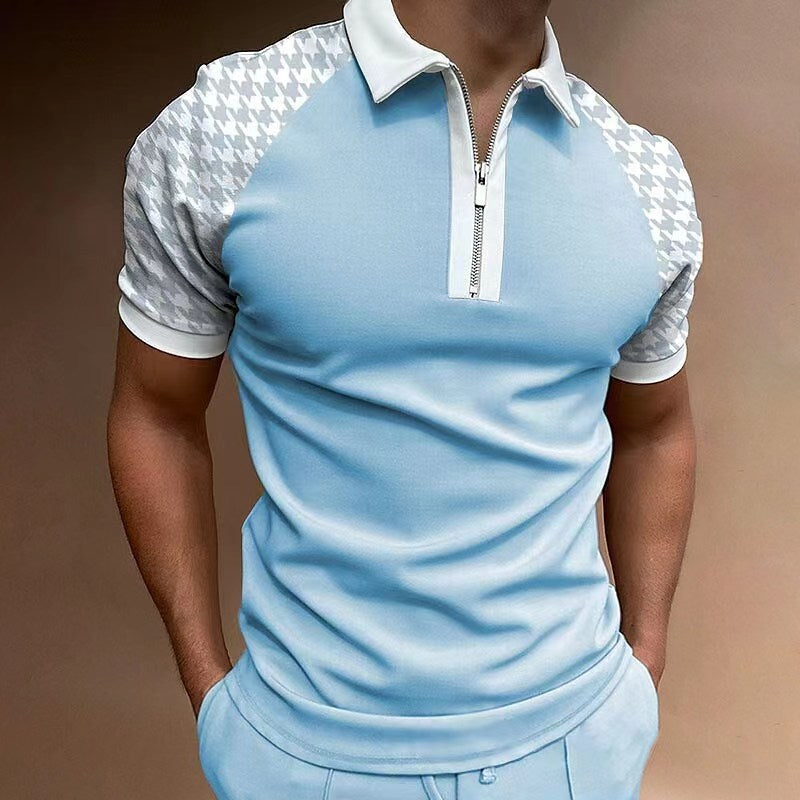 Men's Polo Shirt with Short Sleeve, Color Matching and Plaid Zipper