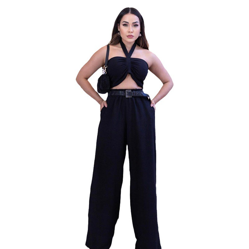Trendy Sleeveless Lace-up Top and Elastic Waist Pants Two-piece Set