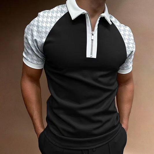 Men's Polo Shirt with Short Sleeve, Color Matching and Plaid Zipper