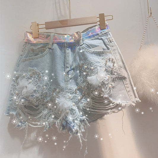 High-Waisted Shorts with Diamond Accents fo Korean Fashion Statement