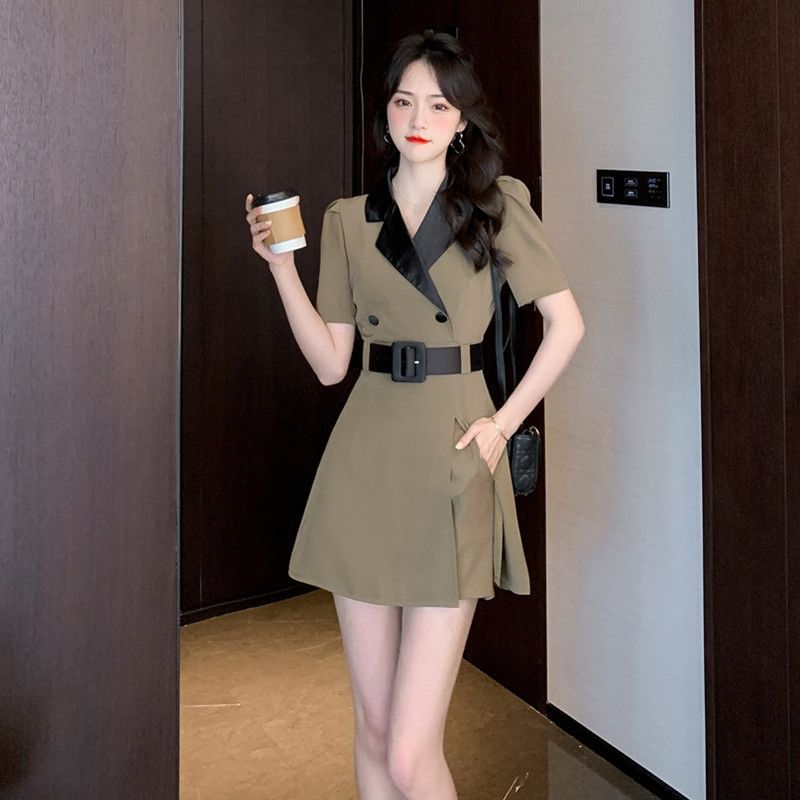 Chic Suit Collar Dress with Slimming Shorts-Elegant Two-piece Set