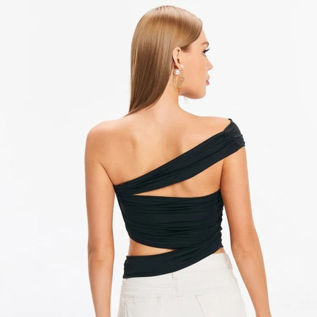Sexy Slim Vest with Pleated Oblique Shoulder Strap