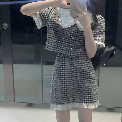 Chic Doll Collar Plaid Shirt and Gas Skirt Set-Trendy Outfit for Women