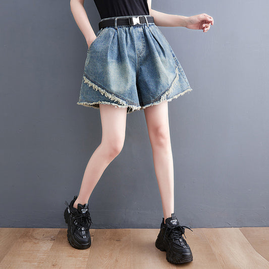 Korean Style Denim Stitching Washed Shorts for Women