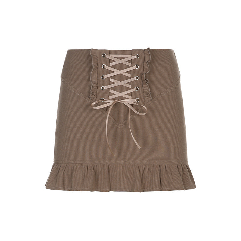 Skinny Panel Lace-Up Brown Ruffle Hip Skirt for a Stylish Twist