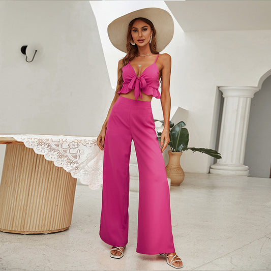 Rose Red Sling Tube Top and Backless Long Bell-bottom Pants Suit