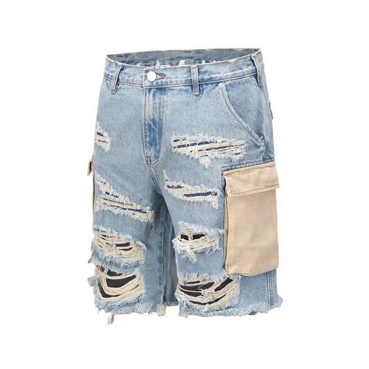 Big Hole Raw Fringed Tassel Wash Whisker Shorts for a Trendy Look
