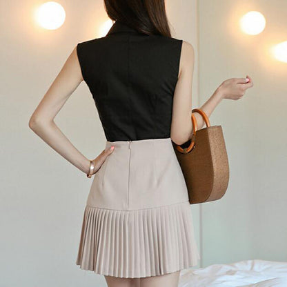 Chic V-neck Sleeveless Top with High Waist Pleated Skirt Set