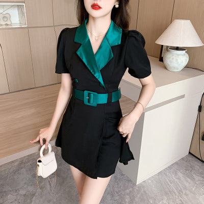 Chic Suit Collar Dress with Slimming Shorts-Elegant Two-piece Set