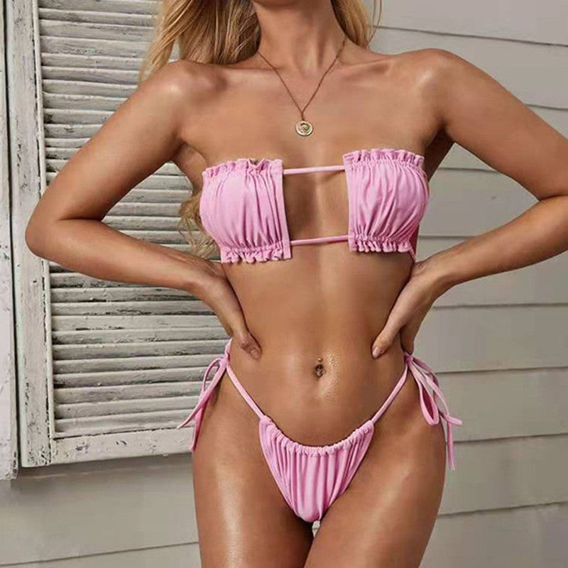 Triangle Pleated Drawstring Color Bikini-A Hollow Swimsuit for Women