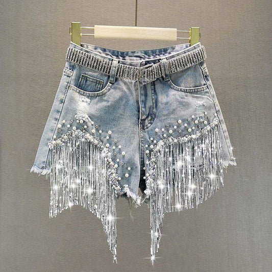 Heavy-duty Beaded Sequined Tassel Jeans for a Statement Look