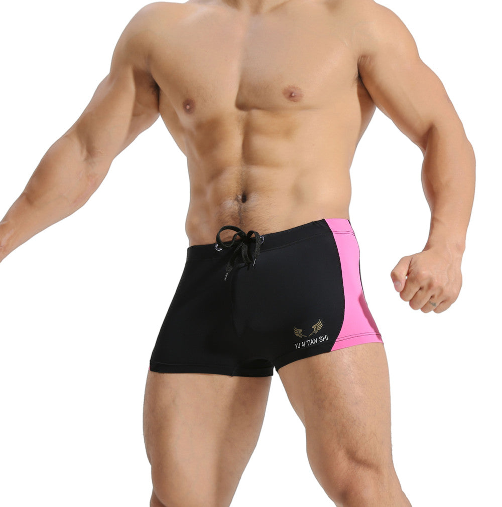 กางเกงว่ายน้ำบ็อกเซอร์เอวกลางลูกไม้สีตัดกันของผู้ชาย