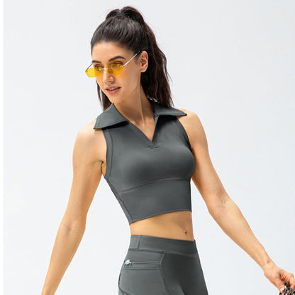 Women's Lapel Tight Yoga Vest with Nude High Waist