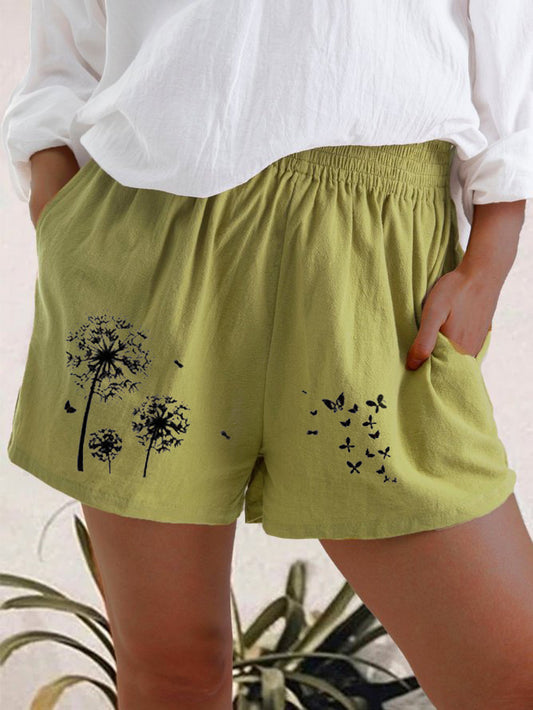 ฤดูร้อนเอวสูง Dandelion พิมพ์ผ้าฝ้ายและผ้าลินินกระเป๋ากางเกงขาสั้นผู้หญิง