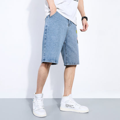Men's Loose Fit Denim Shorts with Trendy Tooling for a Cool Beach Look
