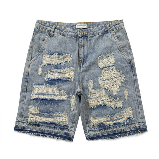 Fashion Washed Frayed Patch Denim Shorts for Trendy Casual Style