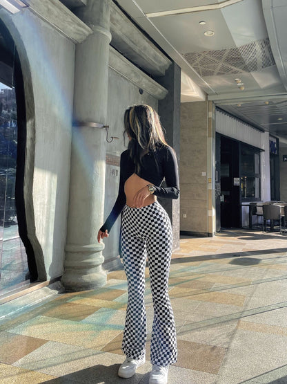 Chessboard Plaid Bell-Bottom Pants-Elevate Your Fitness Yoga Wear