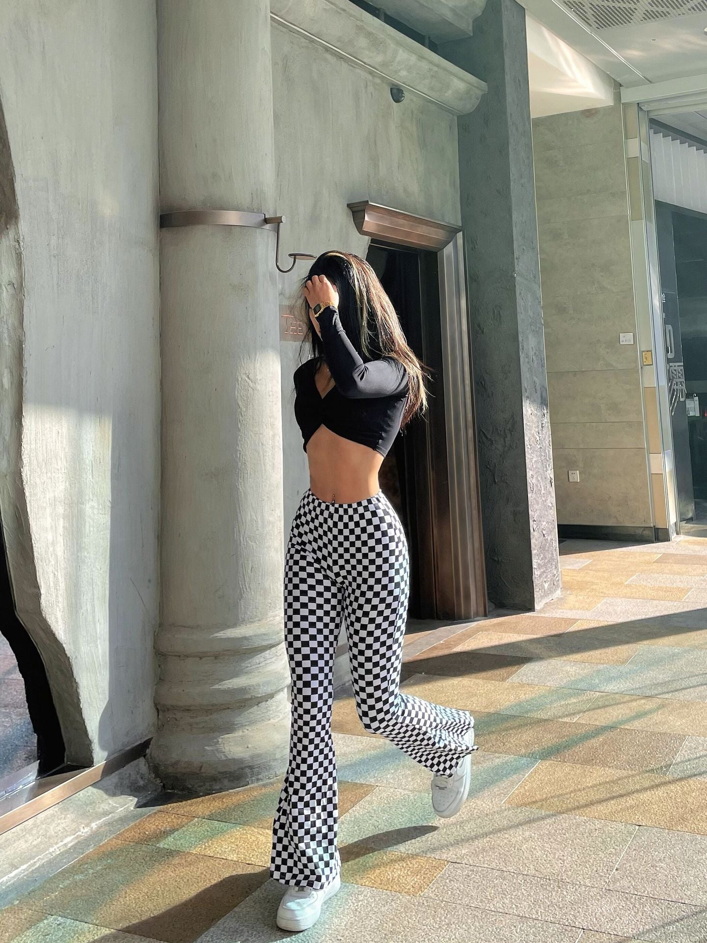 Chessboard Plaid Bell-Bottom Pants-Elevate Your Fitness Yoga Wear