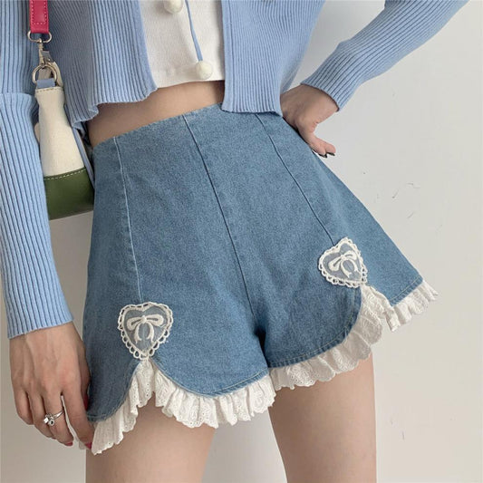 ស្រីទន់ Cute Love Lace Denim Wide Leg Pants Shorts