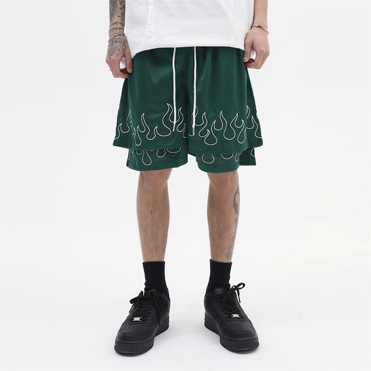 Flame Embroidered Fake Two-Piece Sports Shorts for Men's Fashion