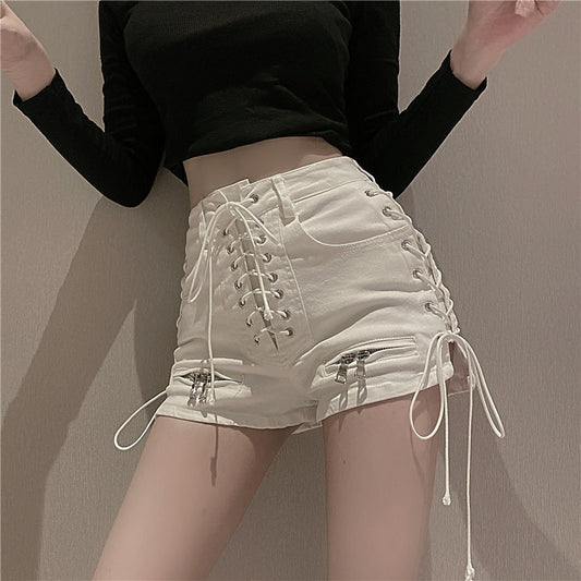 Summer Ladies High Waist Zipper Strap Denim Shorts Fashion Pants